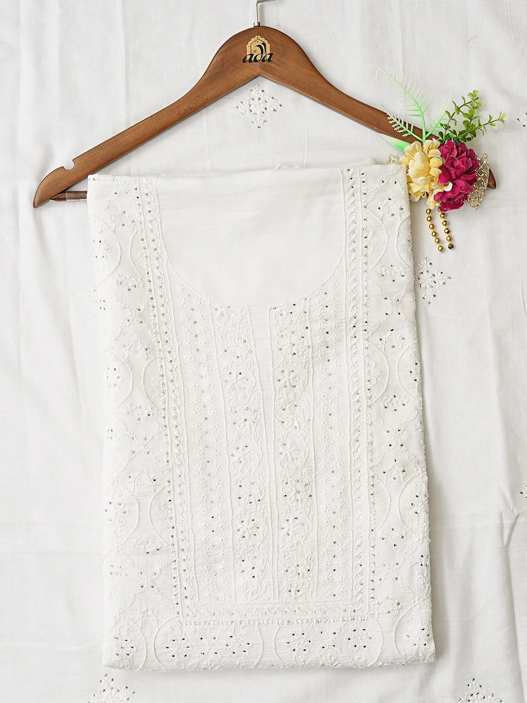 Ada Hand Embroidered White Cotton Lucknowi Chikankari Unstitched Kurta Dupatta Set With Mukaish Work 01A800641