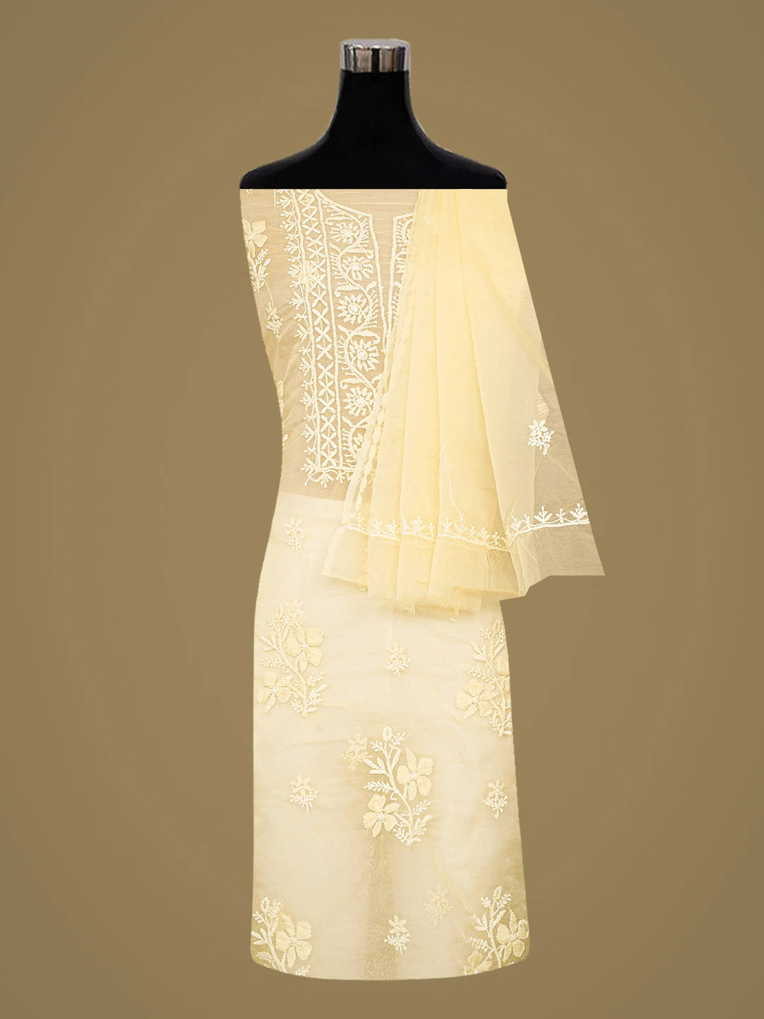 Ada Hand Embroidered Beige Organza Lucknowi Chikankari Unstitched Kurta Dupatta Set 01A707869
