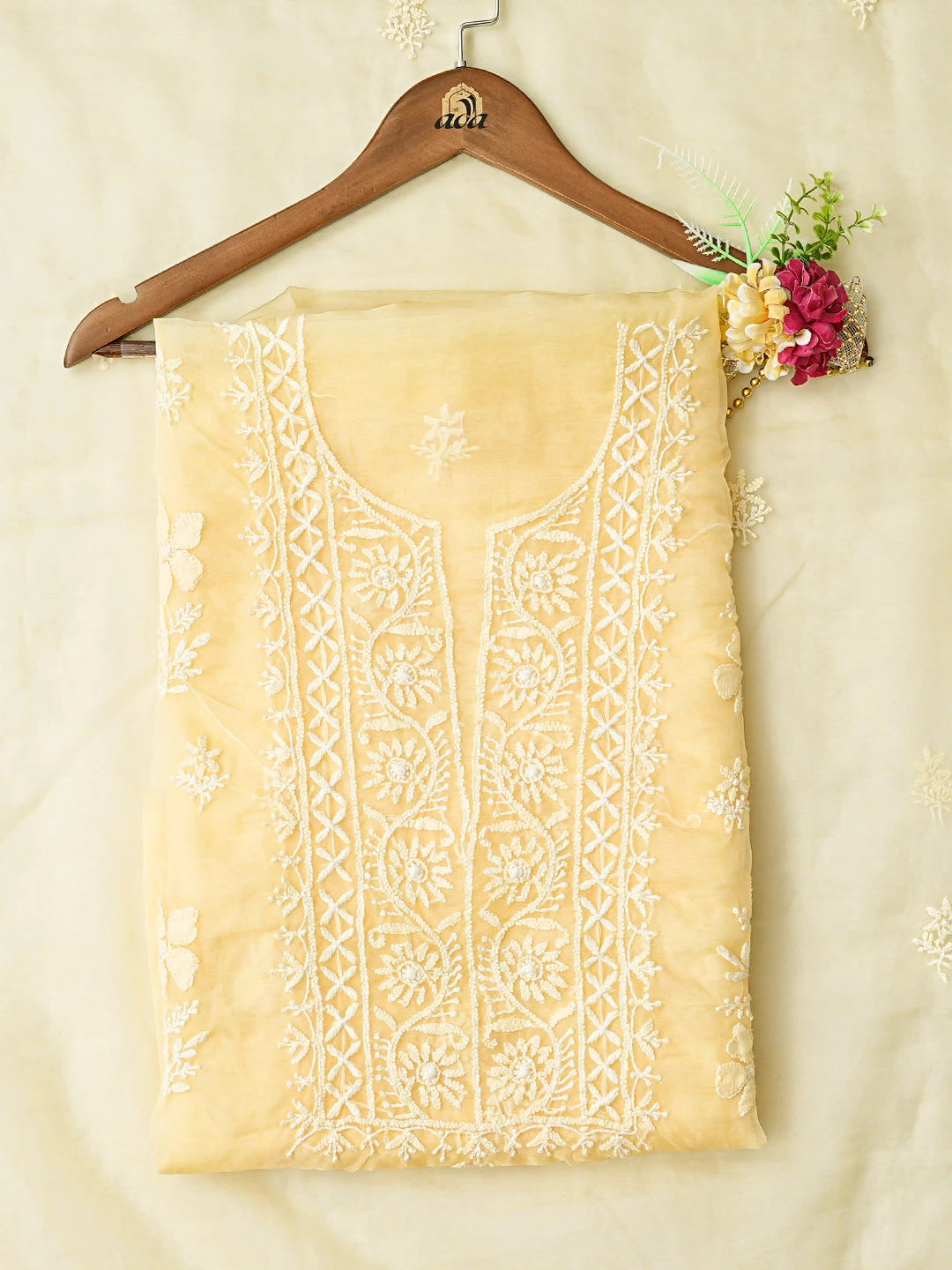 Ada Hand Embroidered Beige Organza Lucknowi Chikankari Unstitched Kurta Dupatta Set 01A707869