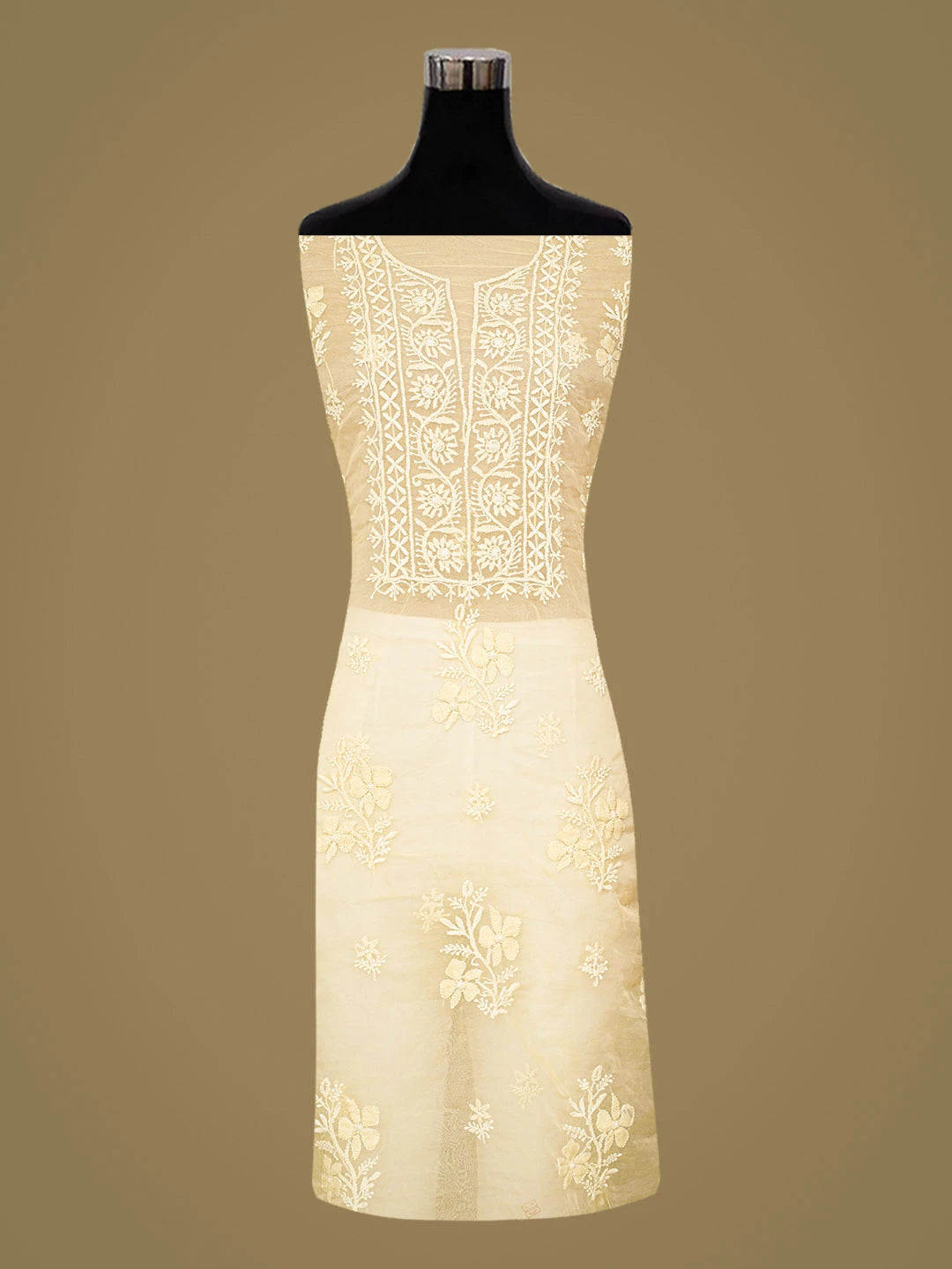 Ada Hand Embroidered Beige Organza Lucknowi Chikankari Unstitched Kurta Dupatta Set 01A707869