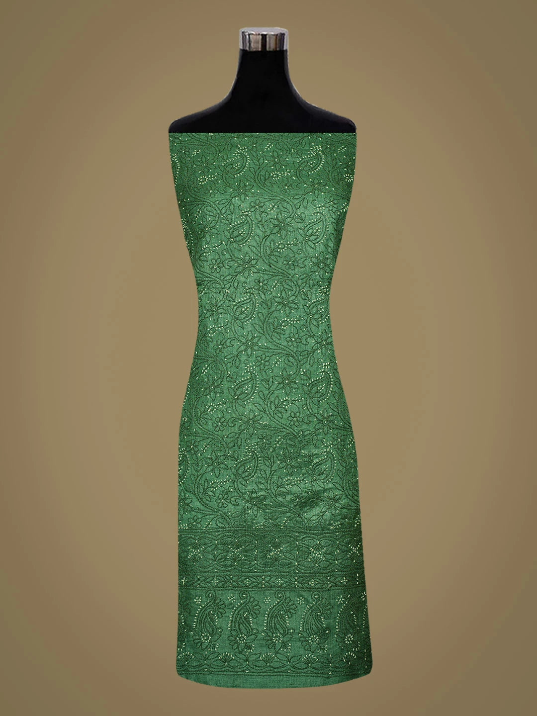 Ada Hand Embroidered Bottle Green Tussar Silk Lucknowi Chikankari Unstitched Suit Piece 01A774742