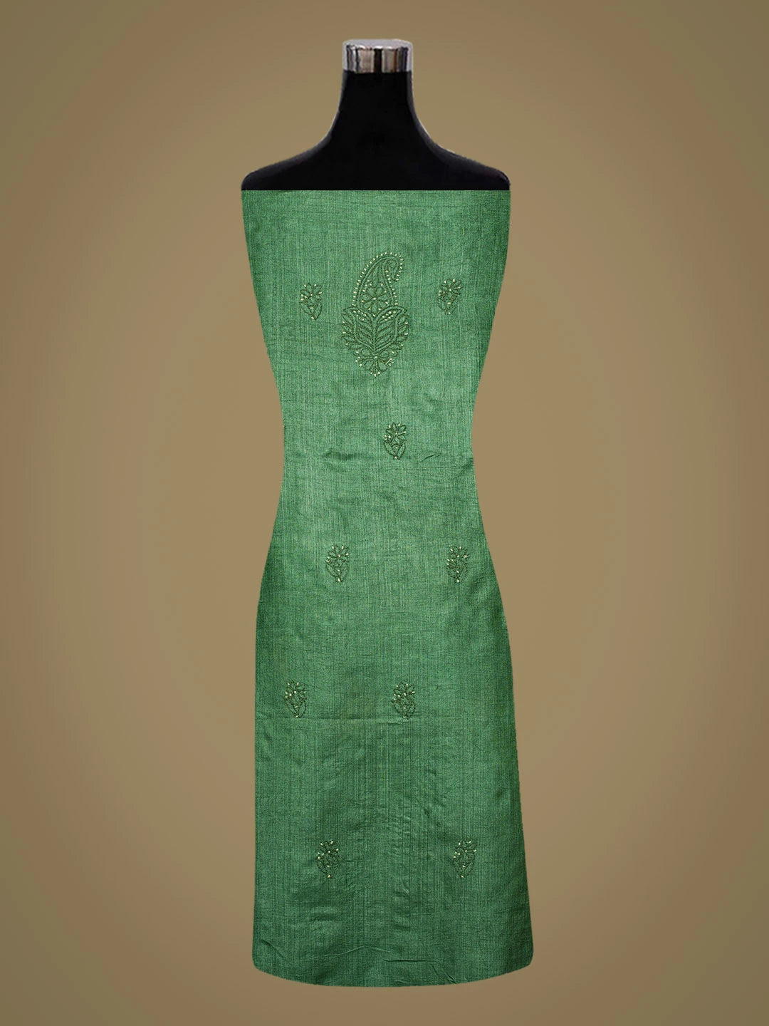 Ada Hand Embroidered Bottle Green Tussar Silk Lucknowi Chikankari Unstitched Suit Piece 01A774742