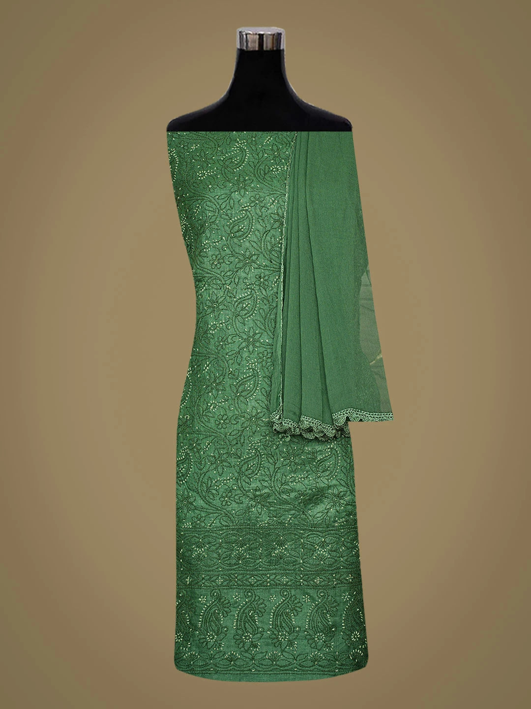 Ada Hand Embroidered Bottle Green Tussar Silk Lucknowi Chikankari Unstitched Suit Piece 01A774742