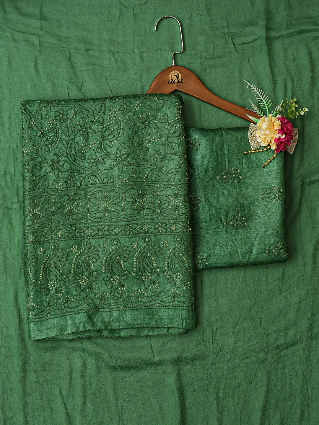 Ada Hand Embroidered Bottle Green Tussar Silk Lucknowi Chikankari Unstitched Suit Piece 01A774742