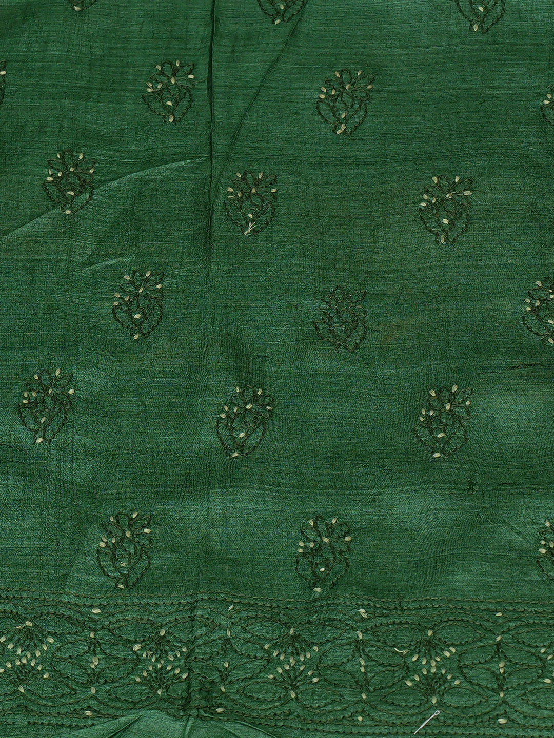 Ada Hand Embroidered Bottle Green Tussar Silk Lucknowi Chikankari Unstitched Suit Piece 01A774742