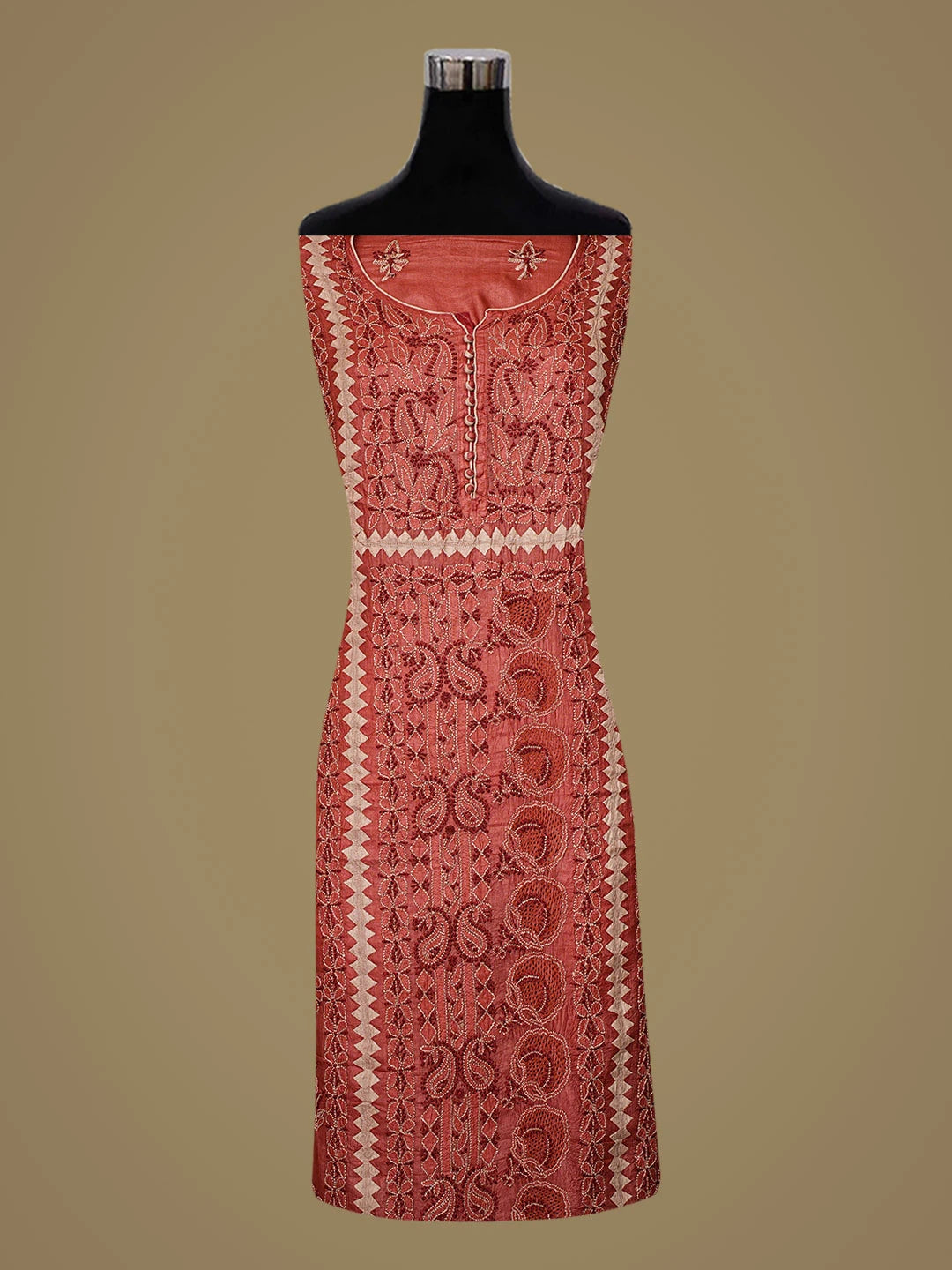 Ada Hand Embroidered Rust Silk Lucknowi Chikankari Unstitched Suit Piece 01A832496