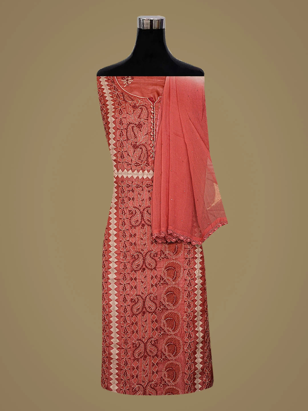 Ada Hand Embroidered Rust Silk Lucknowi Chikankari Unstitched Suit Piece 01A832496
