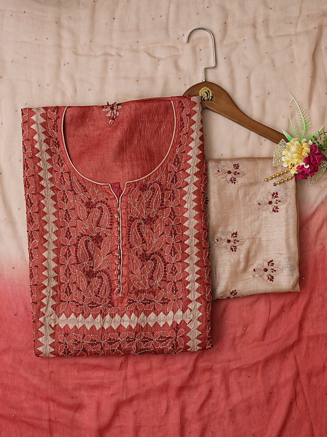 Ada Hand Embroidered Rust Silk Lucknowi Chikankari Unstitched Suit Piece 01A832496