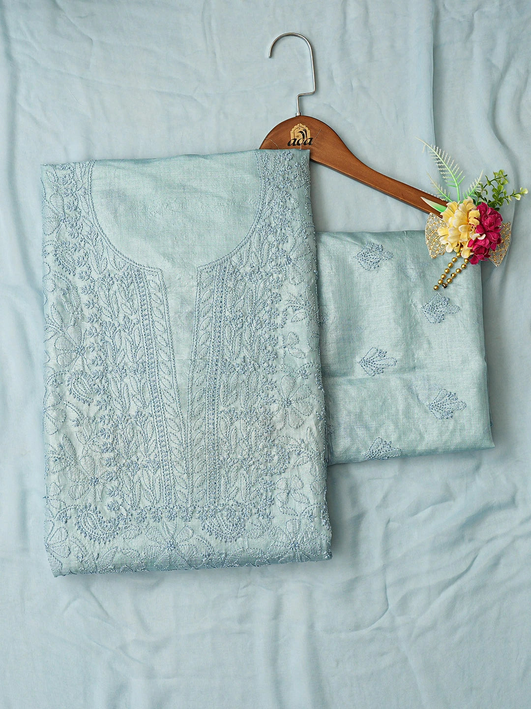 Ada Hand Embroidered Blue Silk Lucknowi Chikankari Unstitched Suit Piece 01A626883