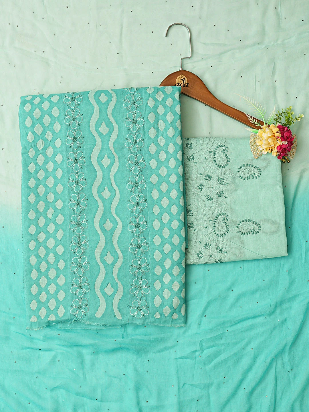 Ada Hand Embroidered Sea Green Cotton  Lucknowi Chikankari Unstitched Suit Piece 01A742013
