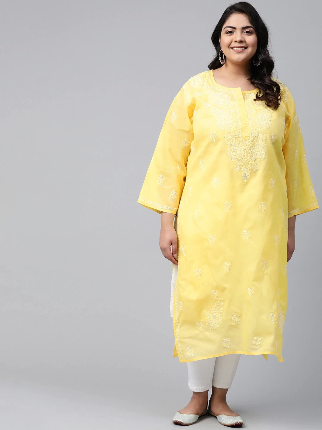 Ada Hand Embroidered Yellow Cotton Lucknowi Chikankari Straight Kurta A208470