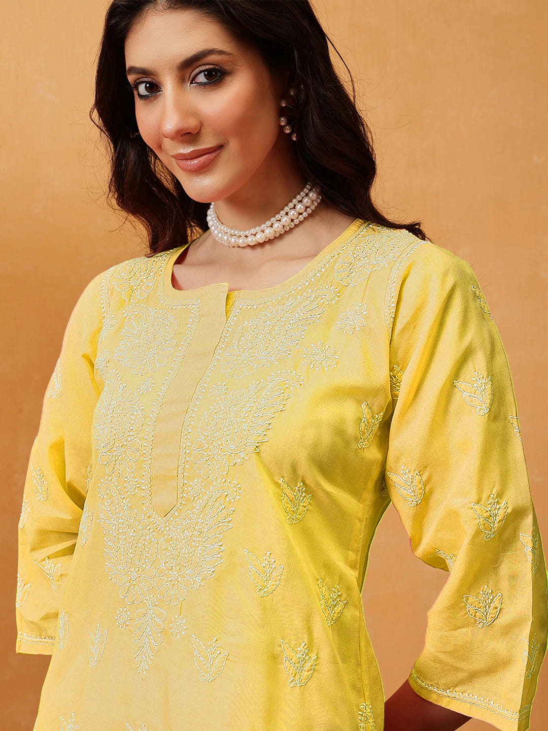 Ada Hand Embroidered Yellow Cotton Lucknowi Chikankari Straight Kurta A208470