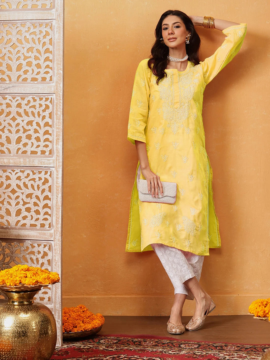 Ada Hand Embroidered Yellow Cotton Lucknowi Chikankari Straight Kurta A208470