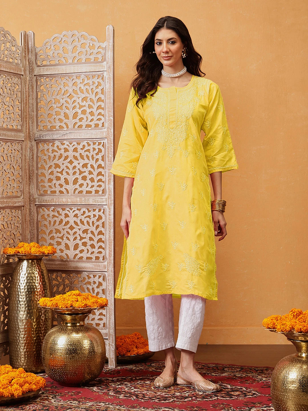 Ada Hand Embroidered Yellow Cotton Lucknowi Chikankari Straight Kurta A208470