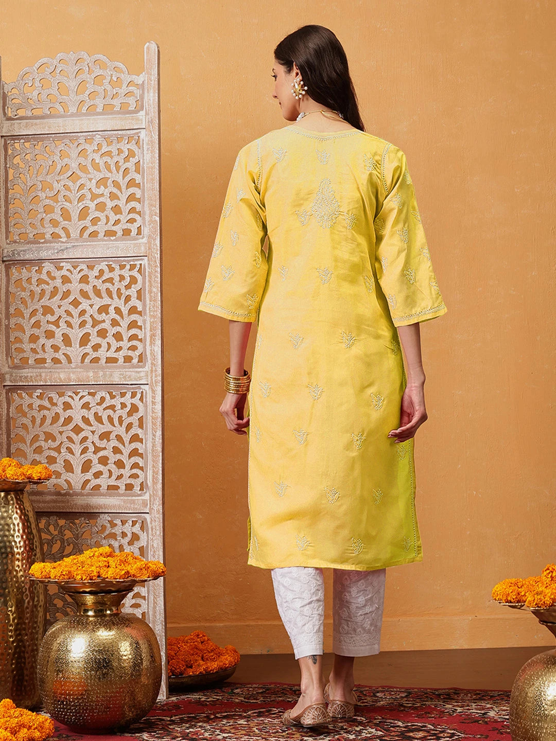 Ada Hand Embroidered Yellow Cotton Lucknowi Chikankari Straight Kurta A208470