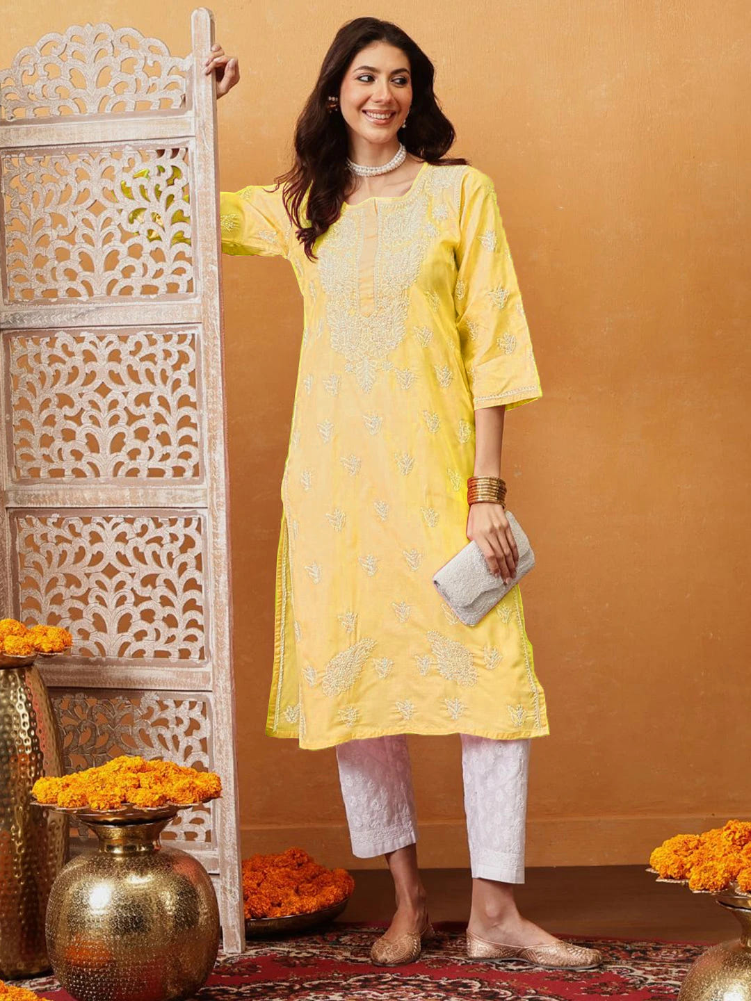 Ada Hand Embroidered Yellow Cotton Lucknowi Chikankari Straight Kurta A208470
