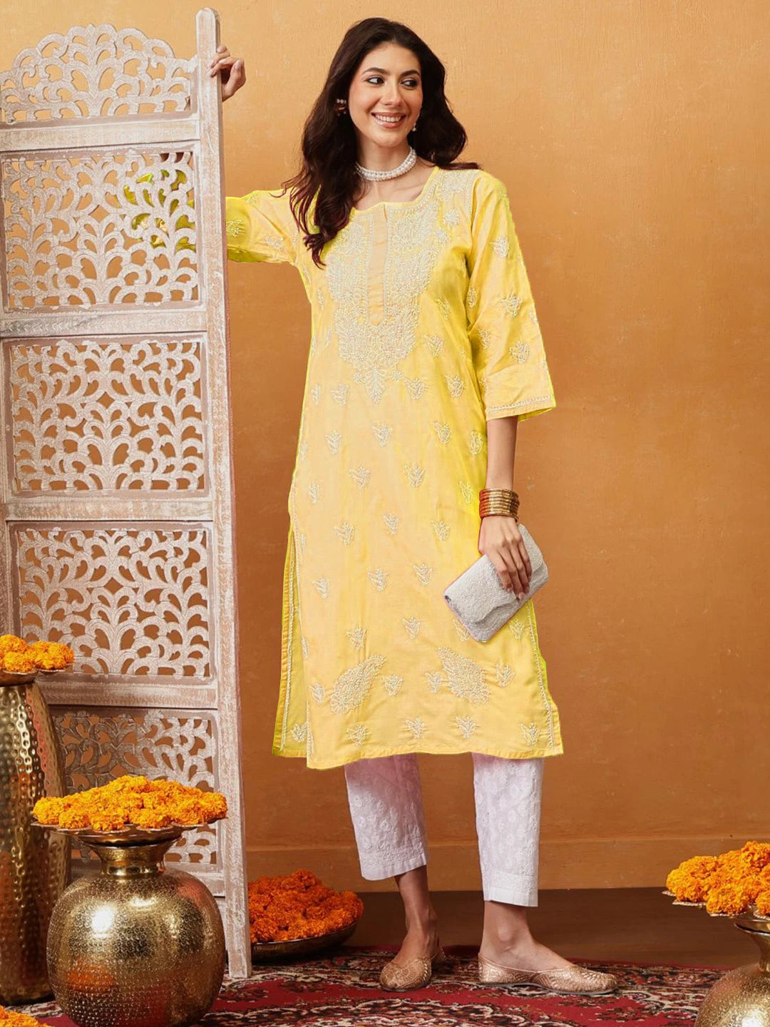 Ada Hand Embroidered Yellow Cotton Lucknowi Chikankari Straight Kurta A208470