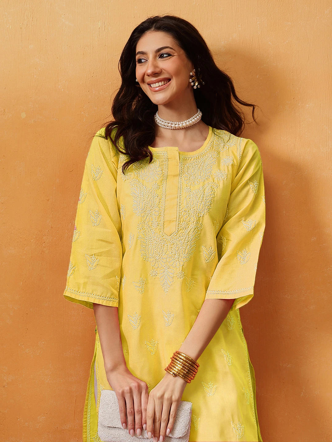 Ada Hand Embroidered Yellow Cotton Lucknowi Chikankari Straight Kurta A208470