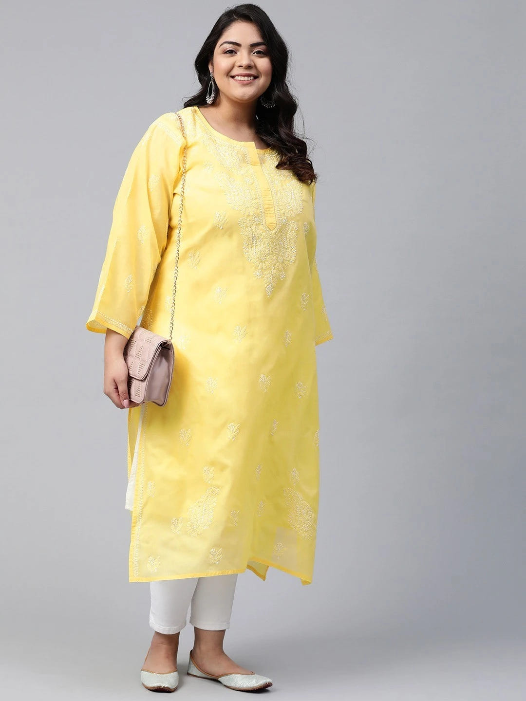 Ada Hand Embroidered Yellow Cotton Lucknowi Chikankari Straight Kurta A208470