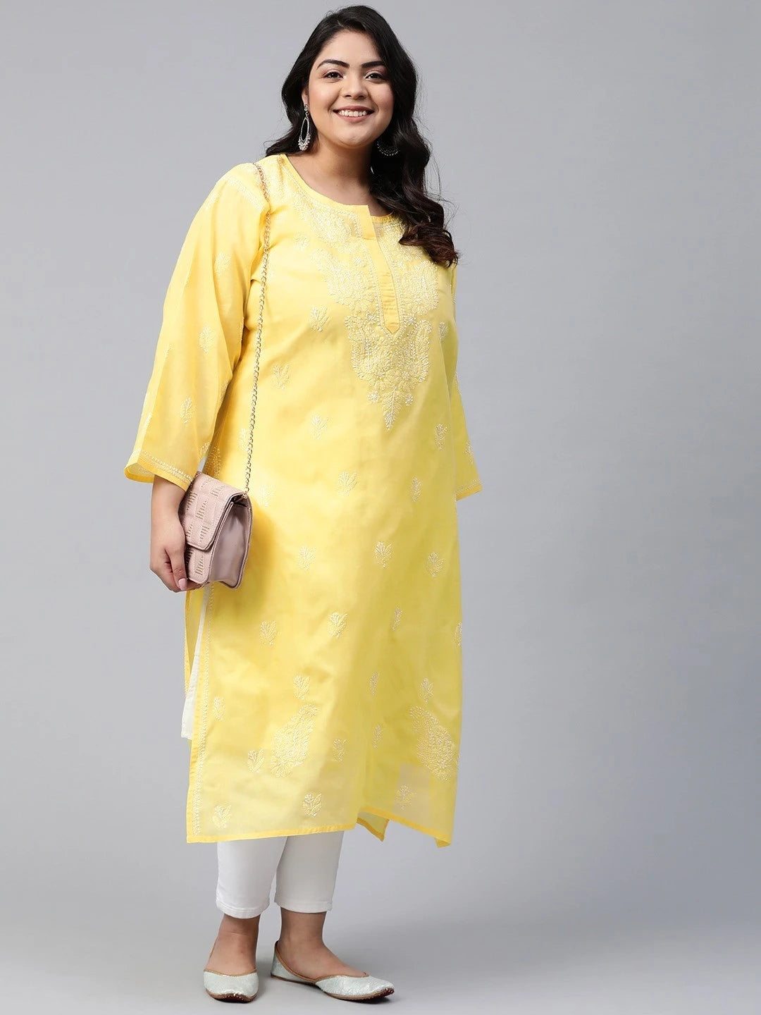 Ada Hand Embroidered Yellow Cotton Lucknowi Chikankari Straight Kurta A208470