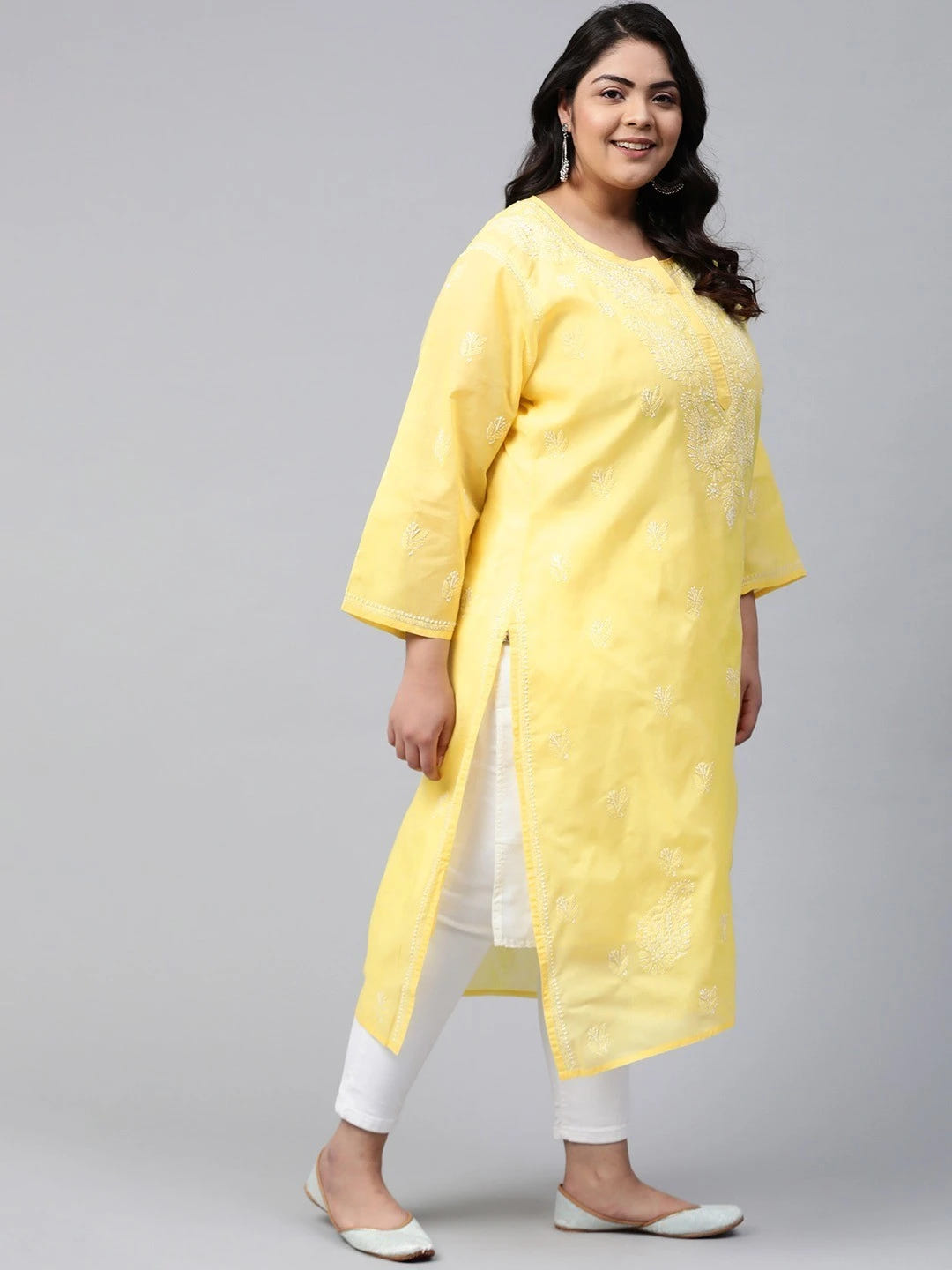 Ada Hand Embroidered Yellow Cotton Lucknowi Chikankari Straight Kurta A208470