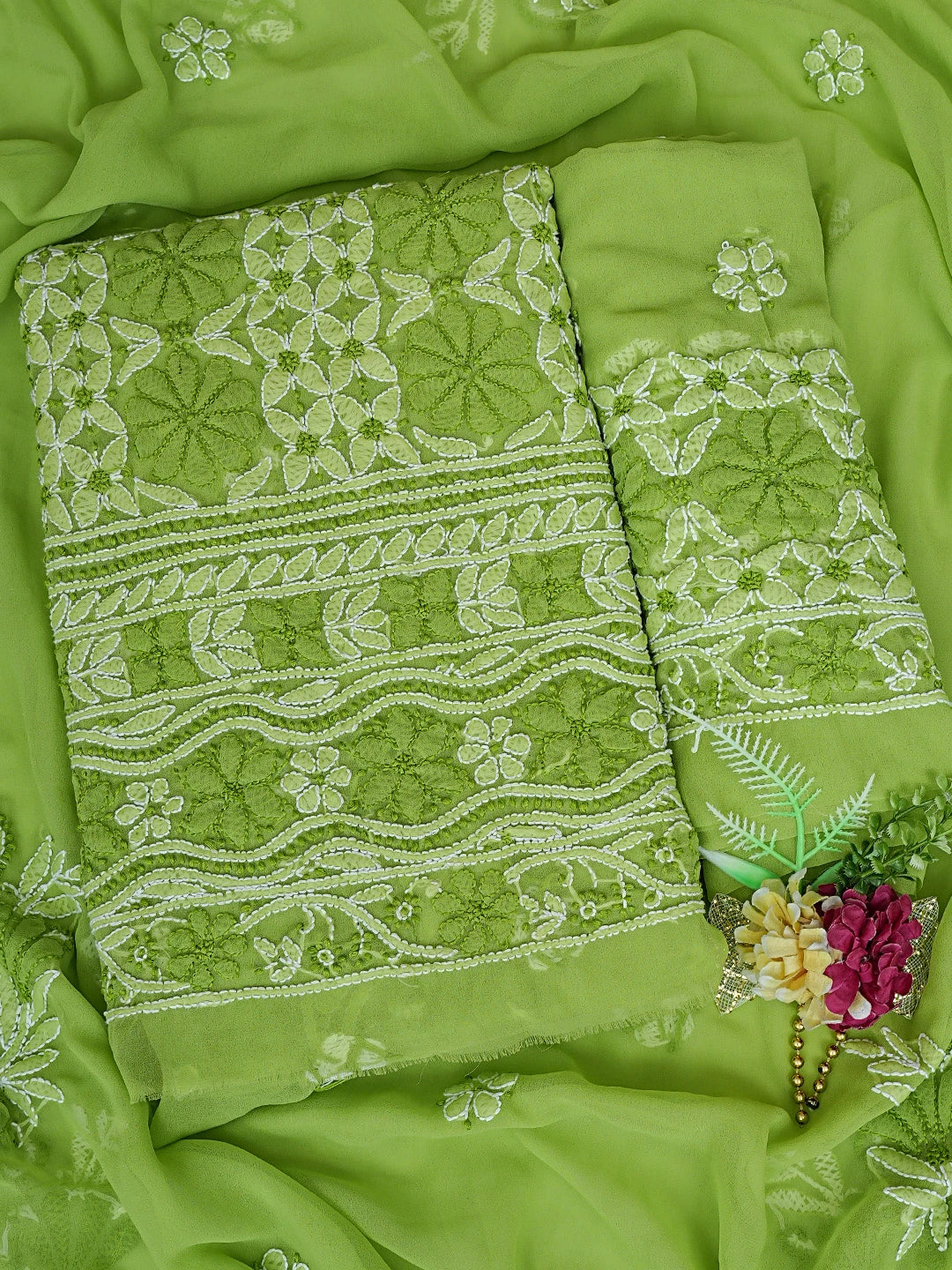 Ada Hand Embroidered Lime Green Georgette Lucknowi Chikankari Unstitched Suit Piece 01A169584