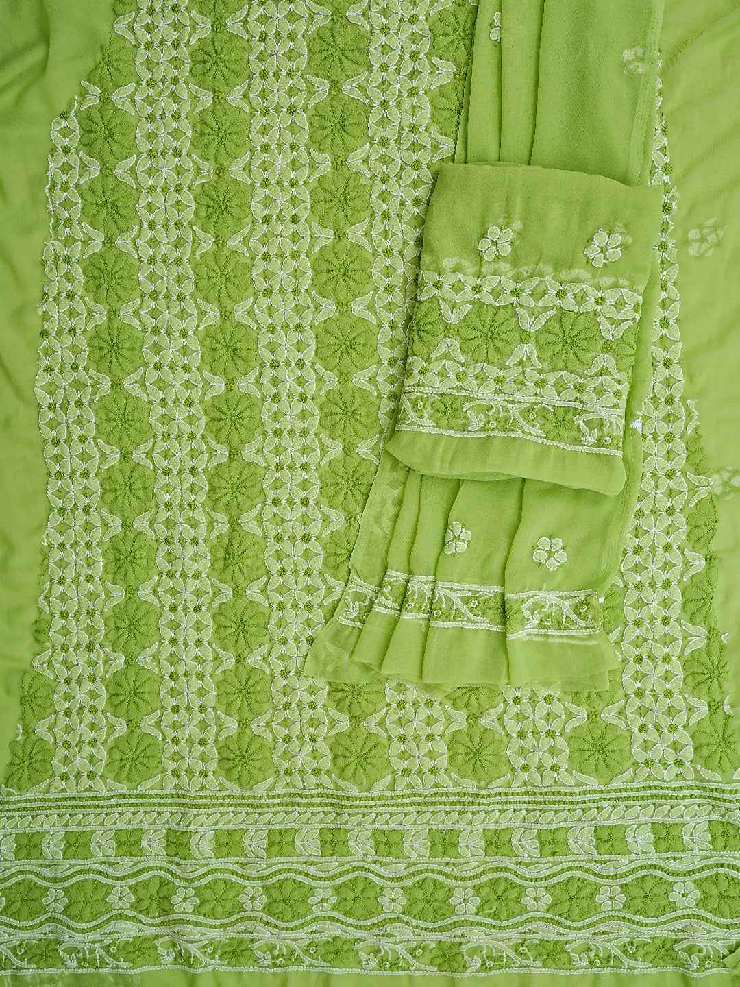 Ada Hand Embroidered Lime Green Georgette Lucknowi Chikankari Unstitched Suit Piece 01A169584