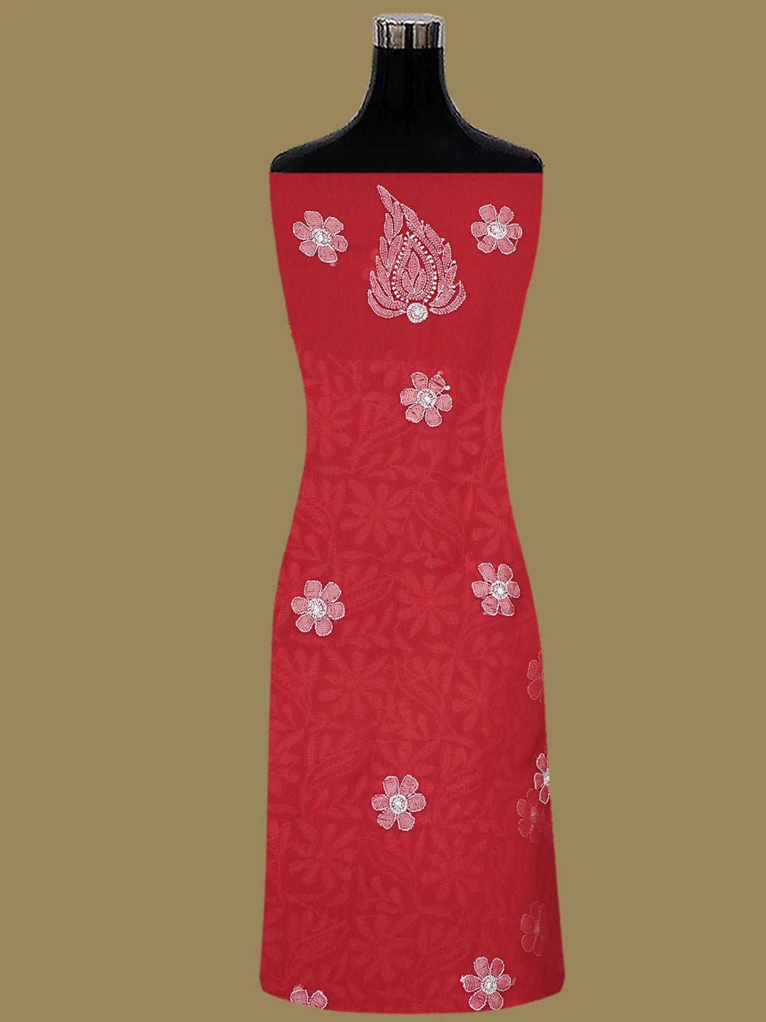 Ada Hand Embroidered Red Georgette Lucknowi Chikankari Unstitched Suit Piece 01A354628