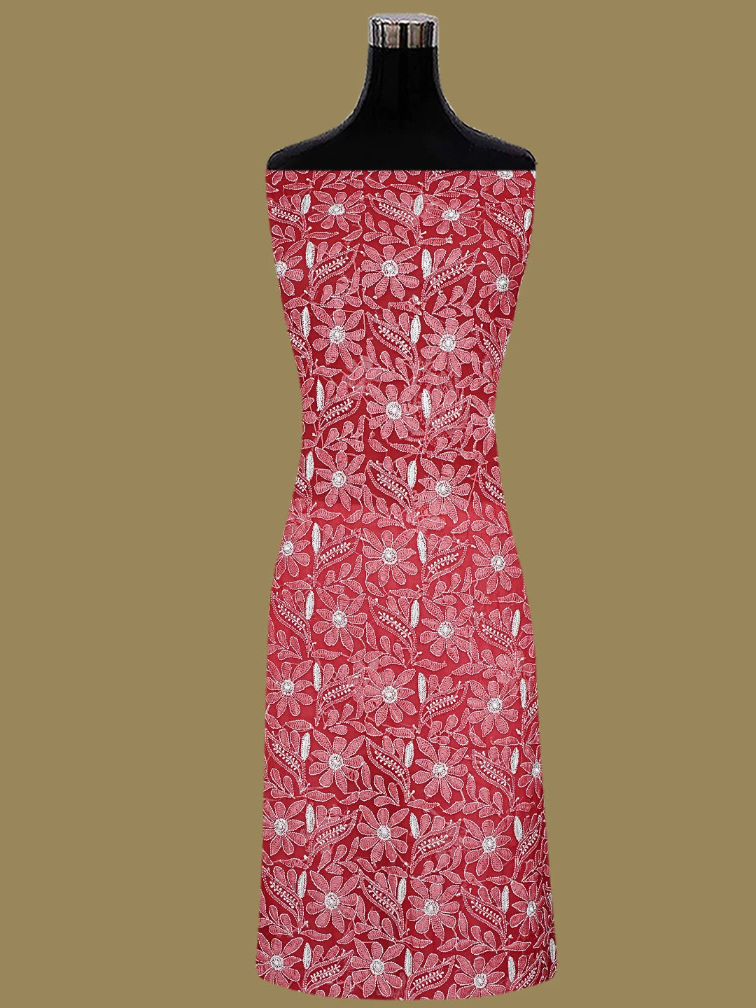 Ada Hand Embroidered Red Georgette Lucknowi Chikankari Unstitched Suit Piece 01A354628