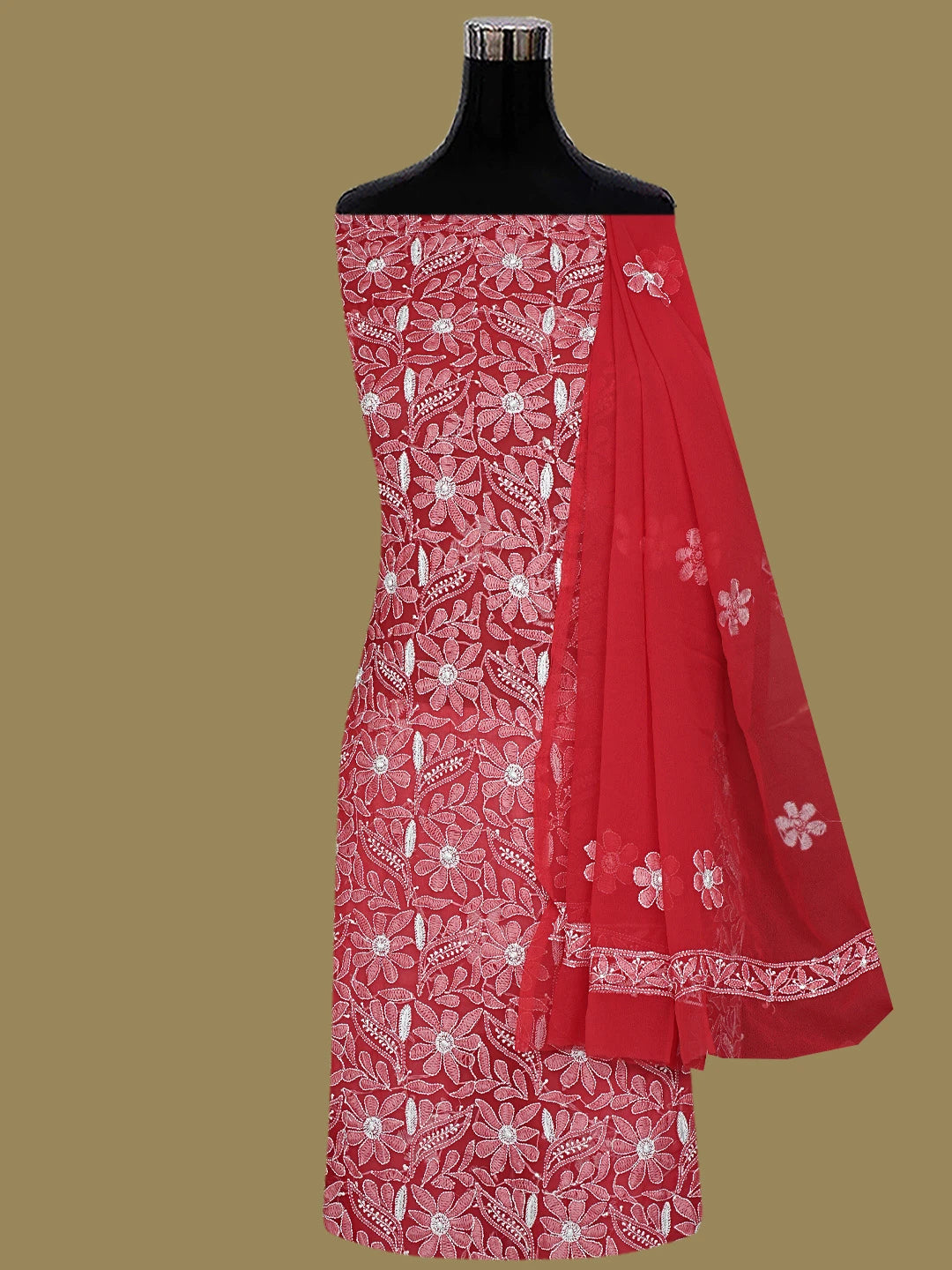 Ada Hand Embroidered Red Georgette Lucknowi Chikankari Unstitched Suit Piece 01A354628