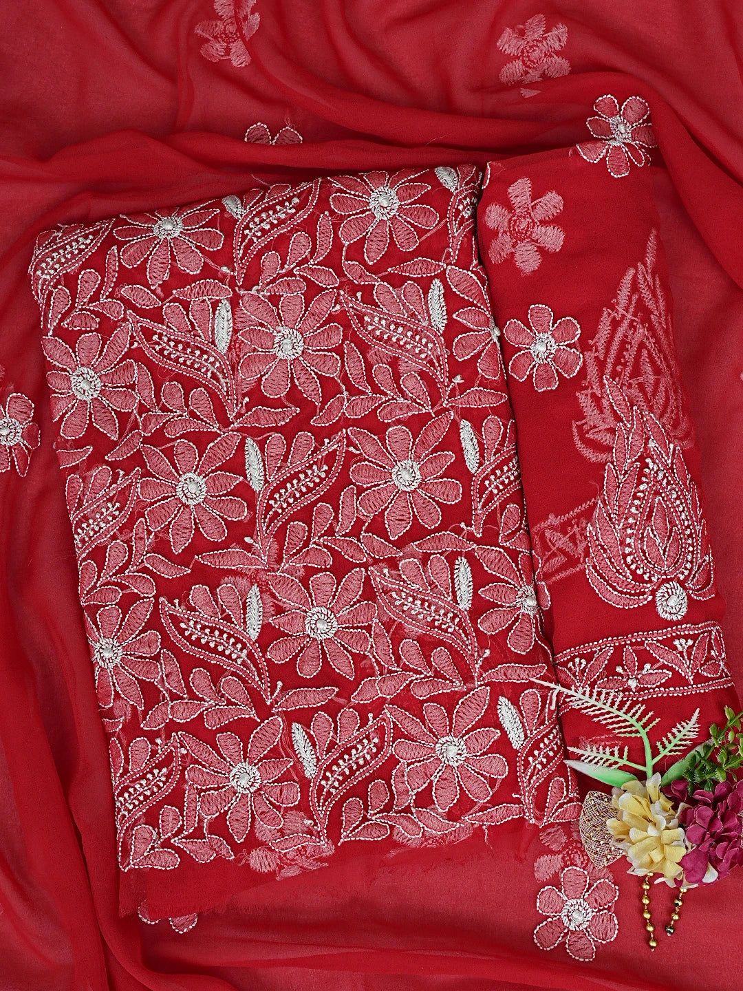 Ada Hand Embroidered Red Georgette Lucknowi Chikankari Unstitched Suit Piece 01A354628