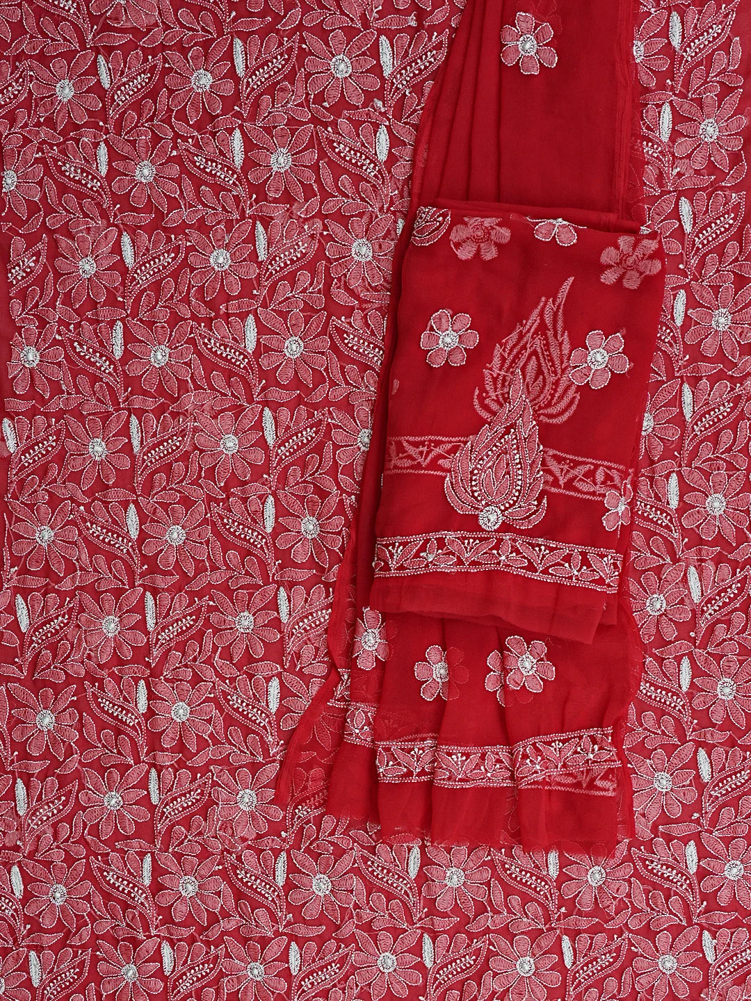 Ada Hand Embroidered Red Georgette Lucknowi Chikankari Unstitched Suit Piece 01A354628