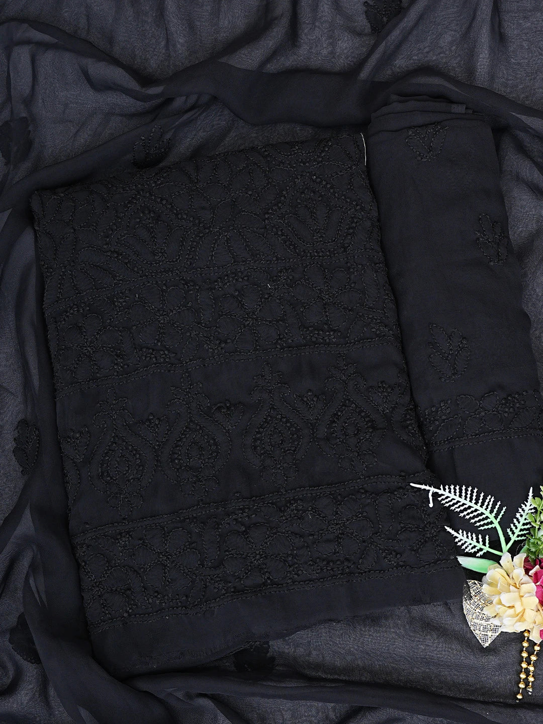 Ada Hand Embroidered Black Georgette Lucknowi Chikankari Unstitched Suit Piece 01A387191