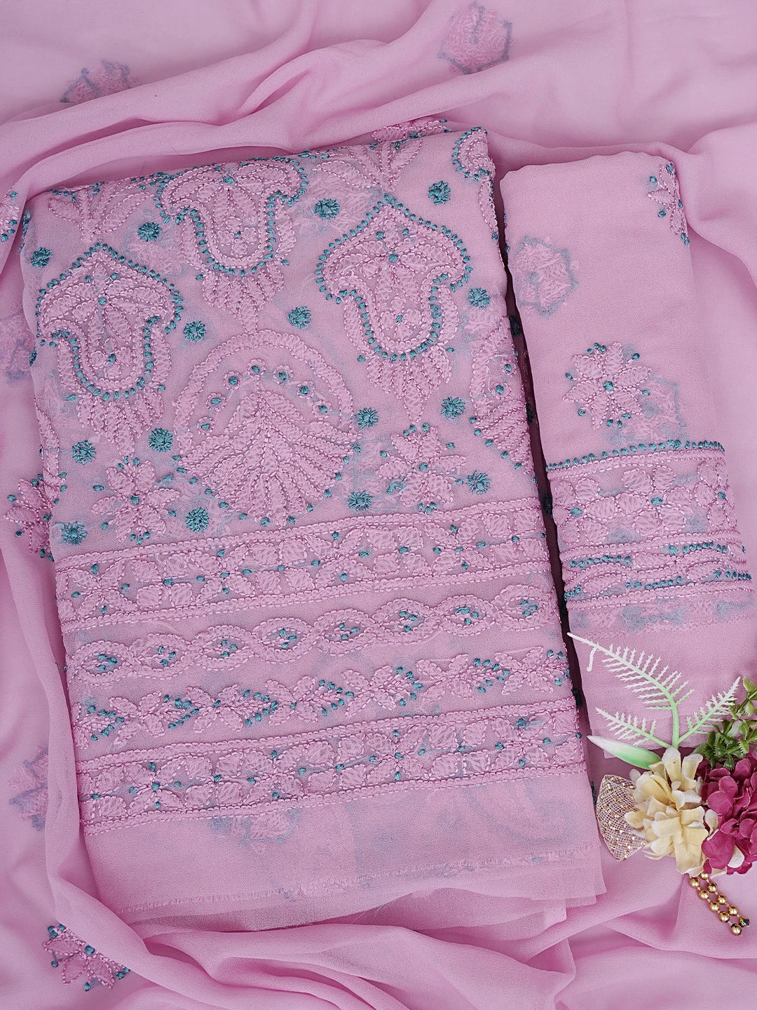 Ada Hand Embroidered Puce Pink Faux Georgette Lucknowi Chikankari Unstitched Suit Piece 01A624336