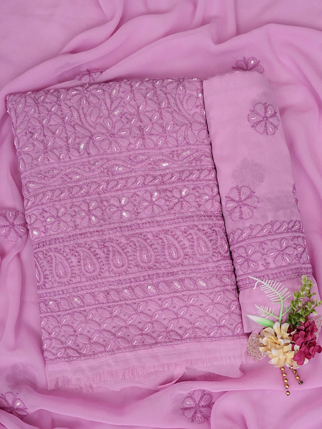 Ada Hand Embroidered Pink Georgette Lucknowi Chikankari Unstitched Suit Piece With Pearl Work  01A699160