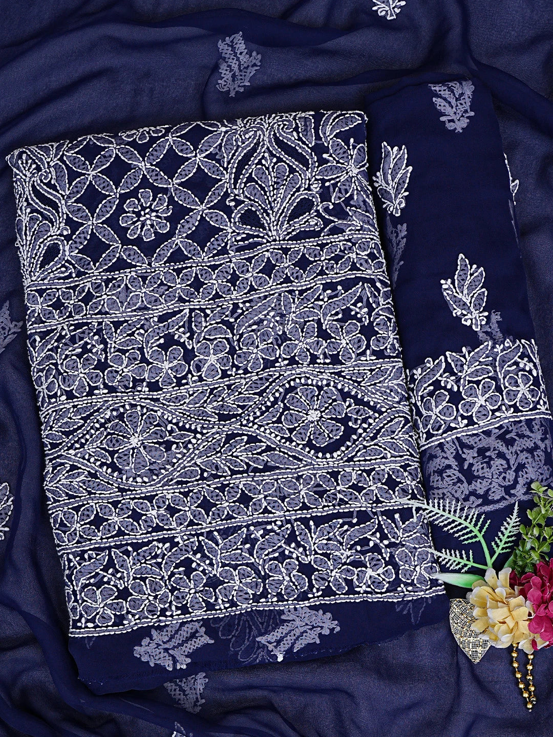 Ada Hand Embroidered Navy Blue Georgette Lucknowi Chikankari Unstitched Suit Piece 01A608544