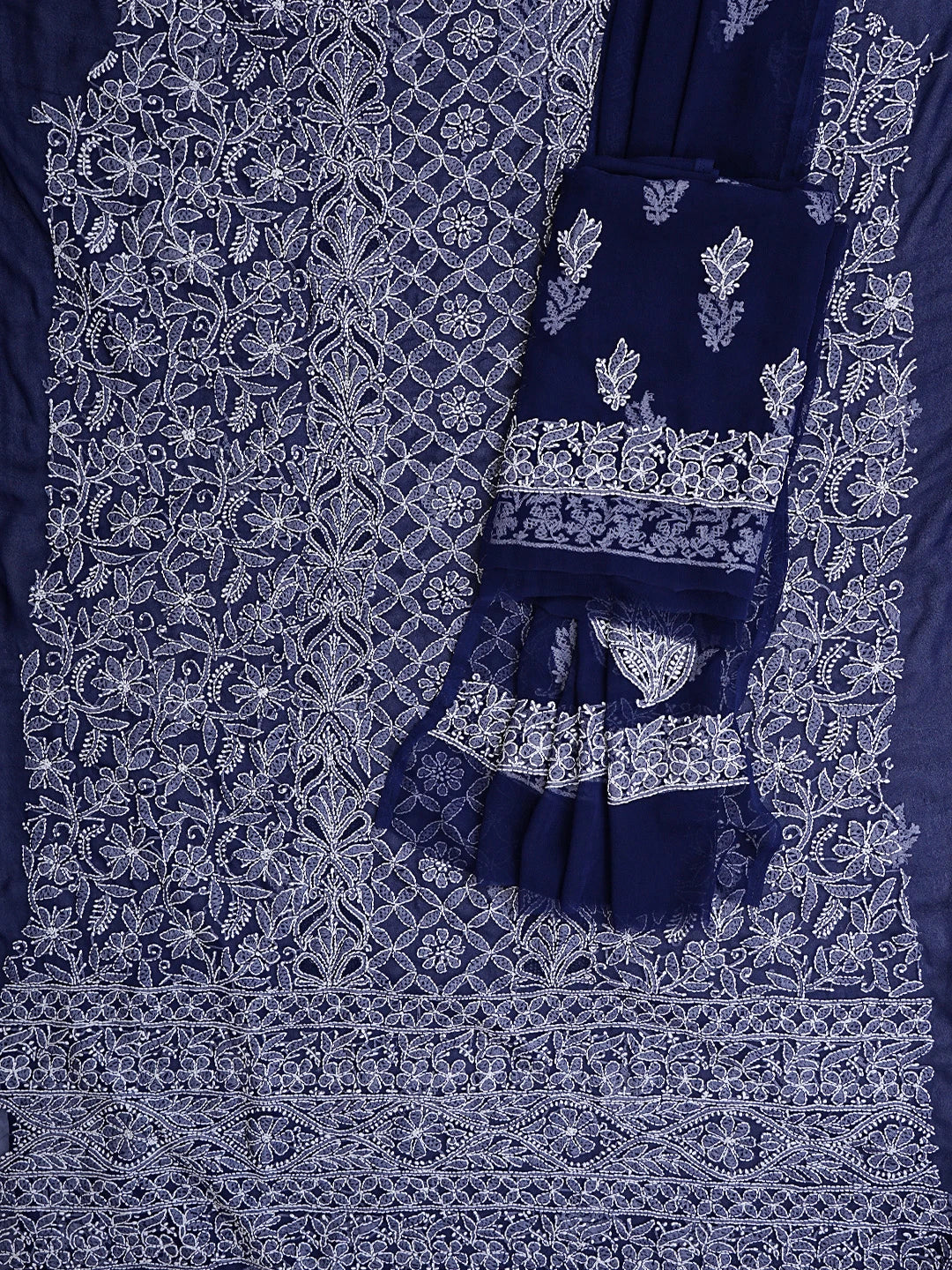 Ada Hand Embroidered Navy Blue Georgette Lucknowi Chikankari Unstitched Suit Piece 01A608544
