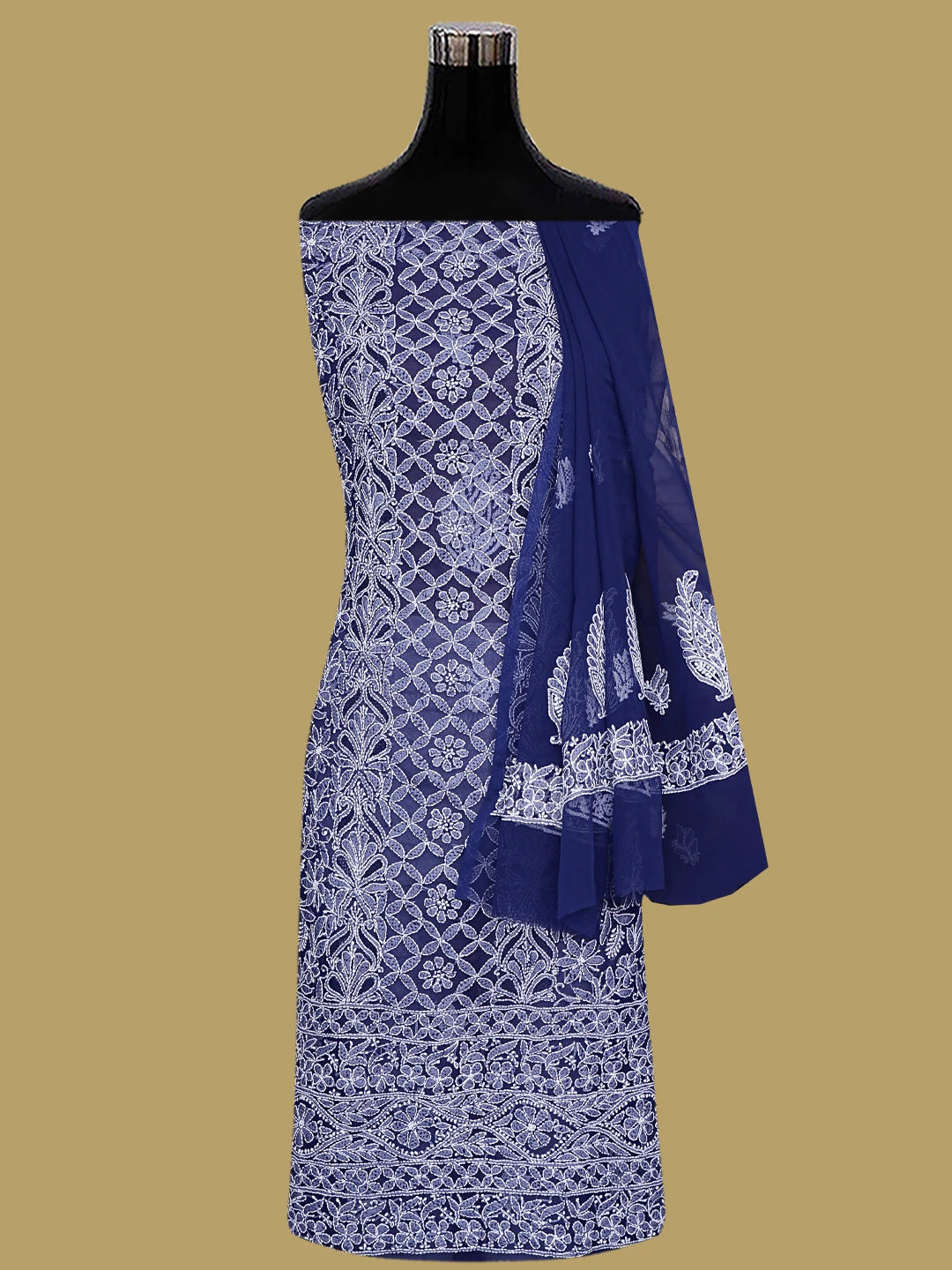 Ada Hand Embroidered Navy Blue Georgette Lucknowi Chikankari Unstitched Suit Piece 01A608544