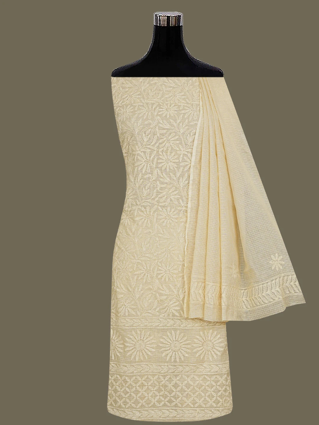 Ada Hand Embroidered Fawn Kota Lucknowi Chikankari Unstitched Kurta Dupatta Set 01A590818