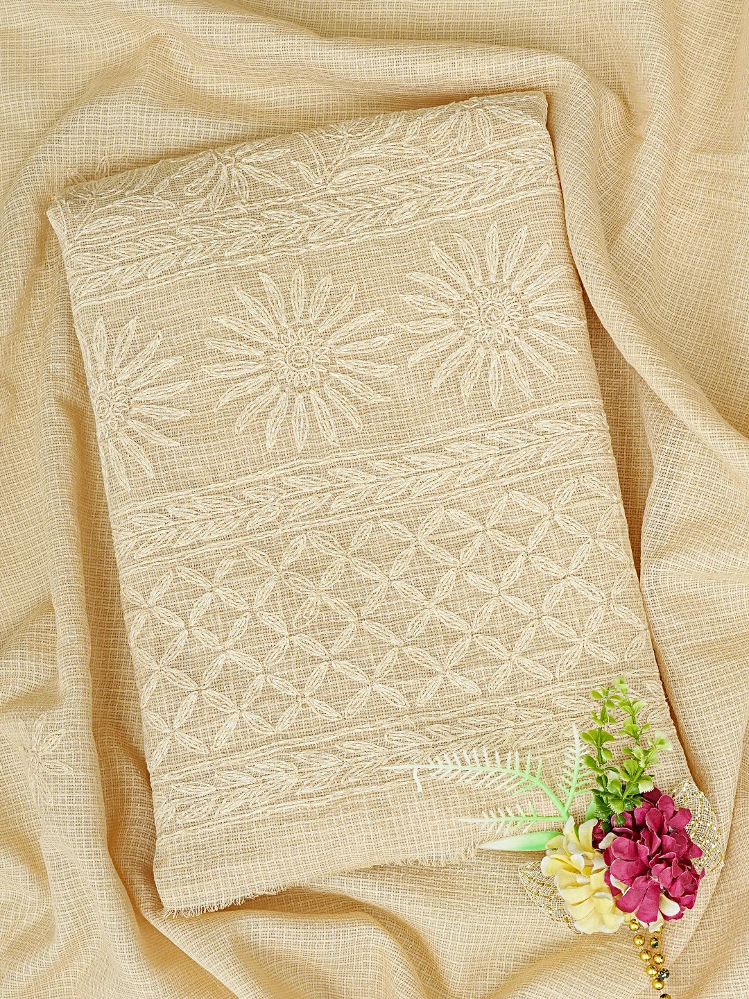 Ada Hand Embroidered Fawn Kota Lucknowi Chikankari Unstitched Kurta Dupatta Set 01A590818