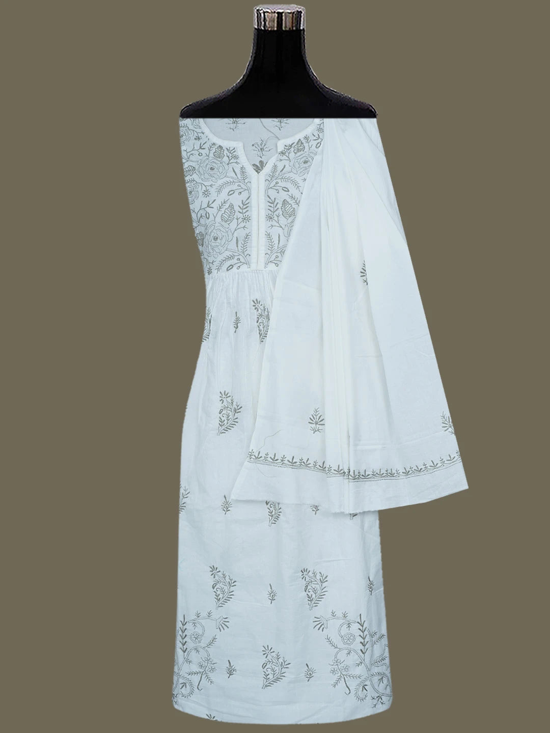 Ada Hand Embroidered White Cotton Lucknowi Chikankari Semi-stitched Kurta Dupatta Set 01A757053
