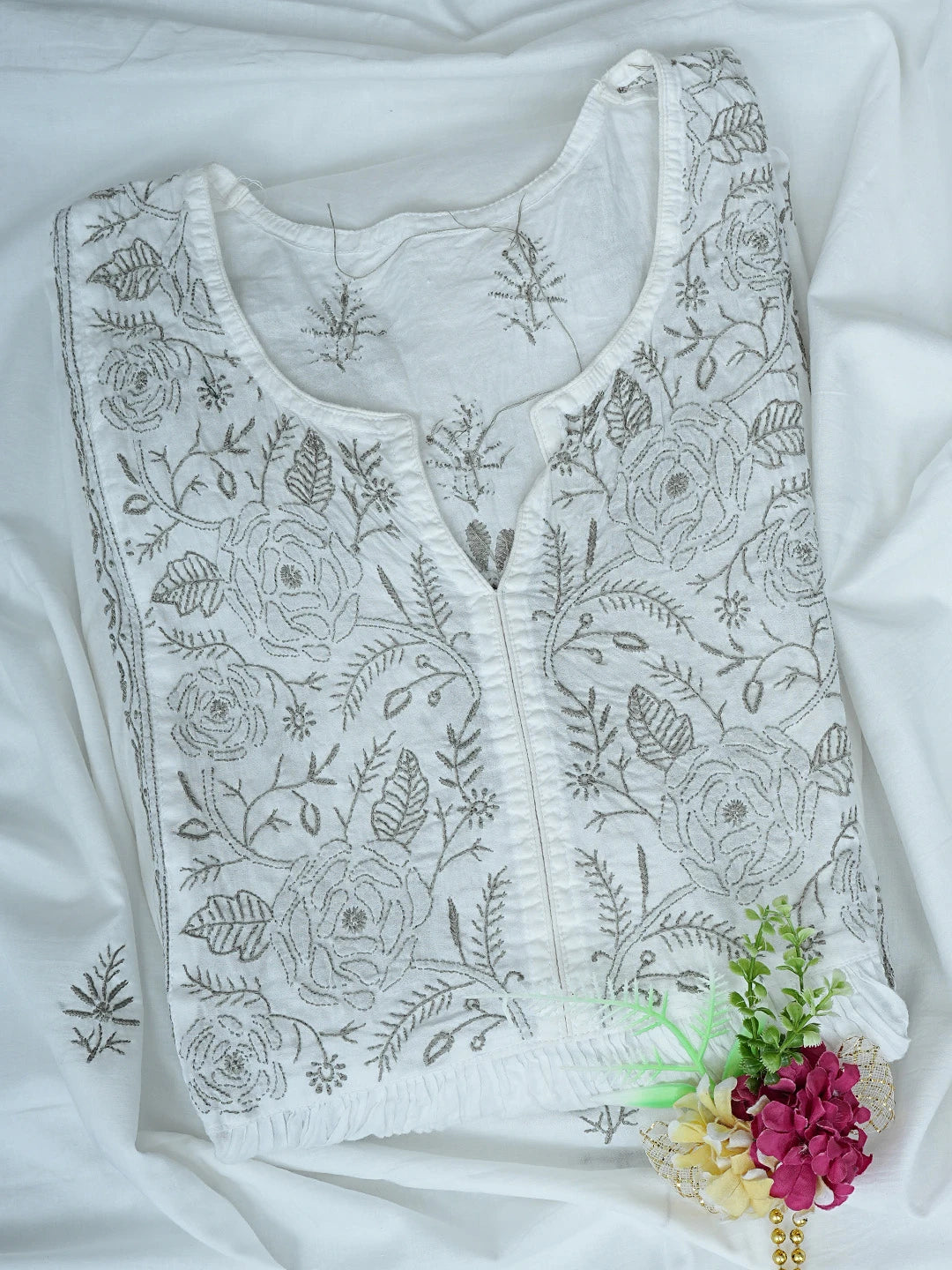 Ada Hand Embroidered White Cotton Lucknowi Chikankari Semi-stitched Kurta Dupatta Set 01A757053