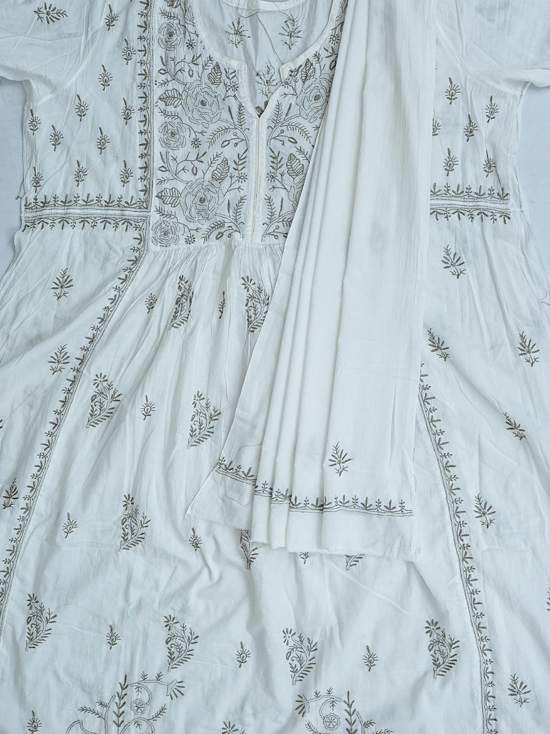 Ada Hand Embroidered White Cotton Lucknowi Chikankari Semi-stitched Kurta Dupatta Set 01A757053