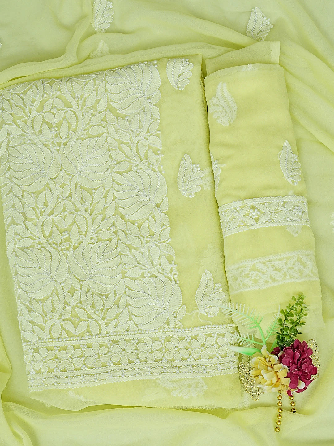 Ada Hand Embroidered Lemon Georgette Lucknowi Chikankari Unstitched Suit Piece 01A793424
