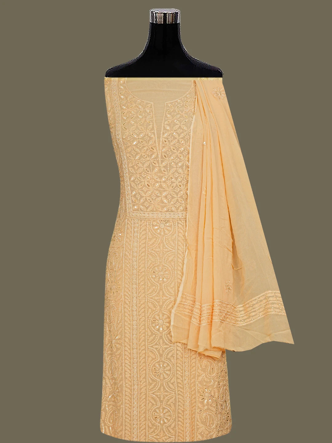 Ada Hand Embroidered Mango Peach Viscose Georgette Lucknowi Chikankari Unstitched Kurta Dupatta Set With Cutdana Work 01A724578
