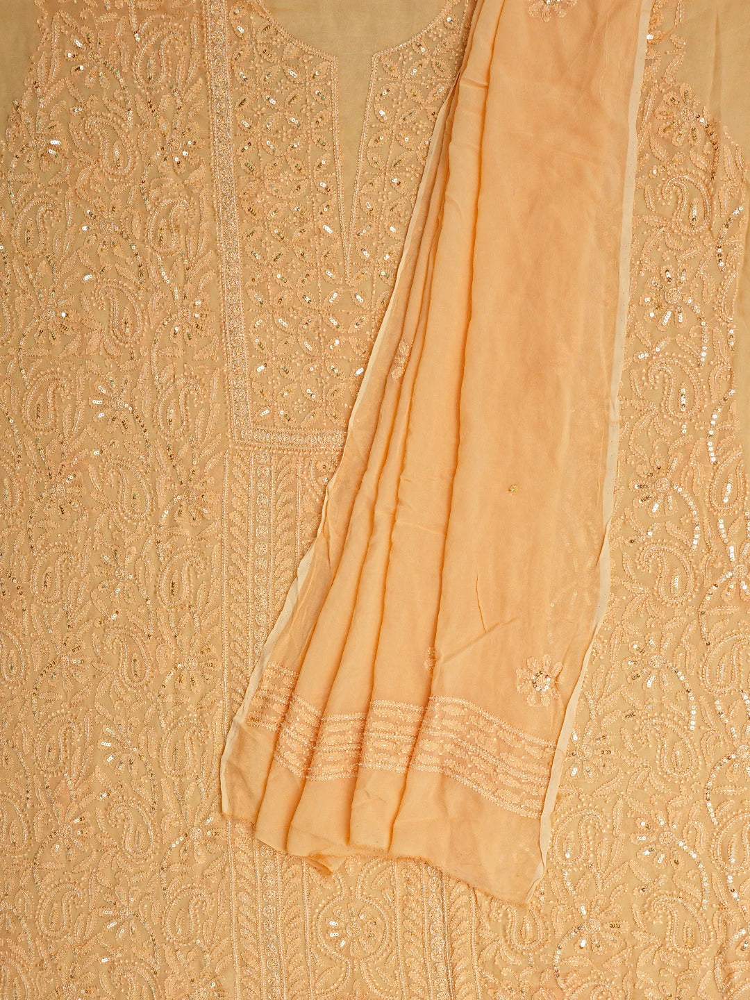 Ada Hand Embroidered Mango Peach Viscose Georgette Lucknowi Chikankari Unstitched Kurta Dupatta Set With Cutdana Work 01A724578