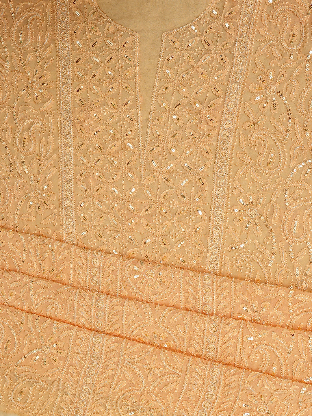 Ada Hand Embroidered Mango Peach Viscose Georgette Lucknowi Chikankari Unstitched Kurta Dupatta Set With Cutdana Work 01A724578
