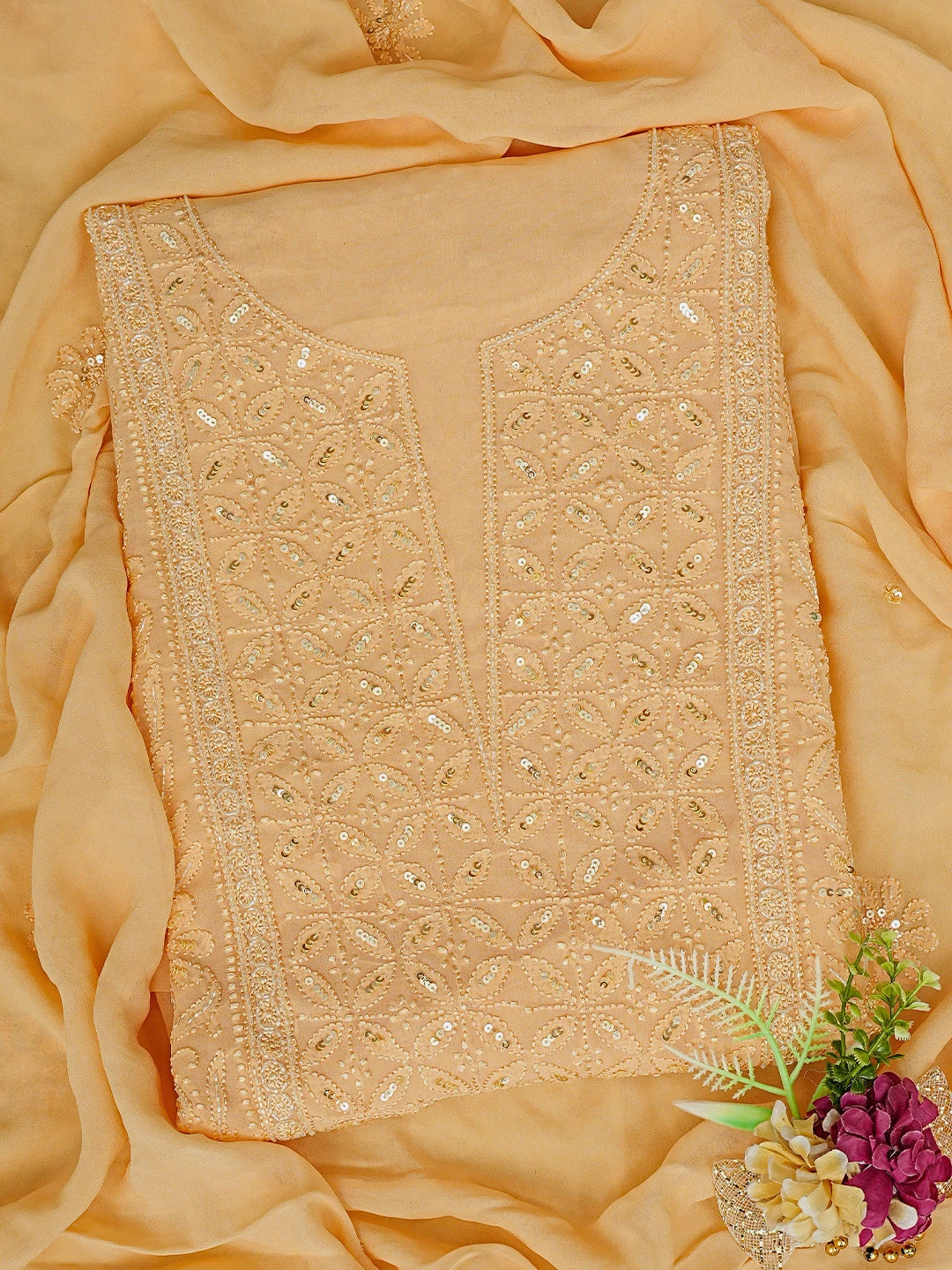 Ada Hand Embroidered Mango Peach Viscose Georgette Lucknowi Chikankari Unstitched Kurta Dupatta Set With Cutdana Work 01A724578