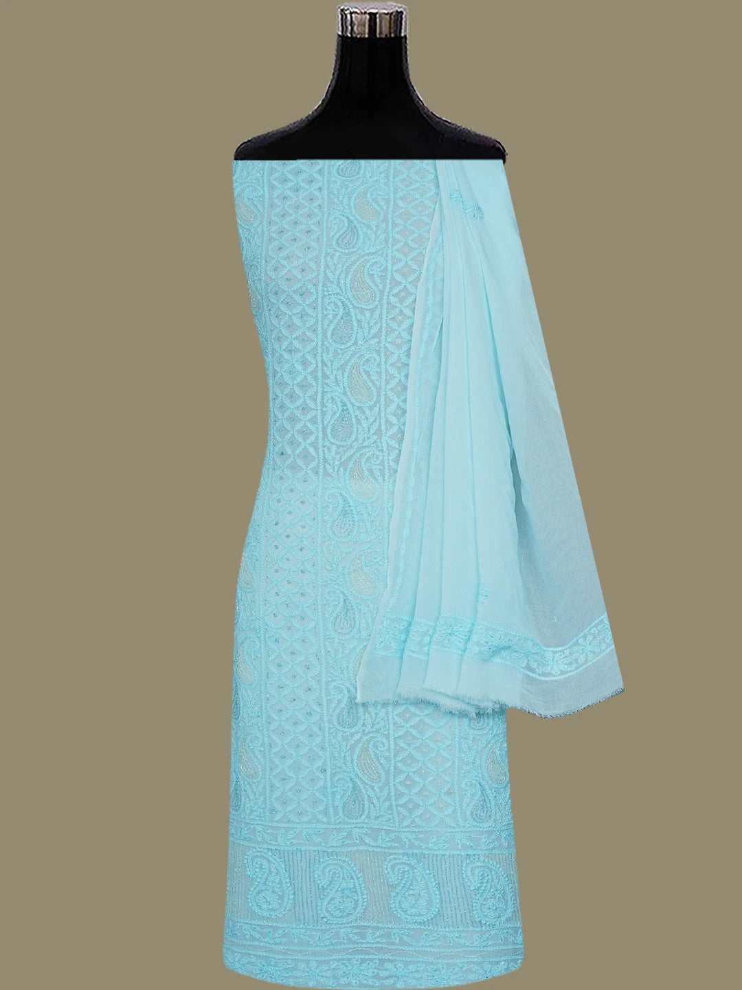 Ada Hand Embroidered Powder Blue Viscose Georgette Lucknowi Chikankari Unstitched Kurta Dupatta Set With Cutdana Work 01A793025