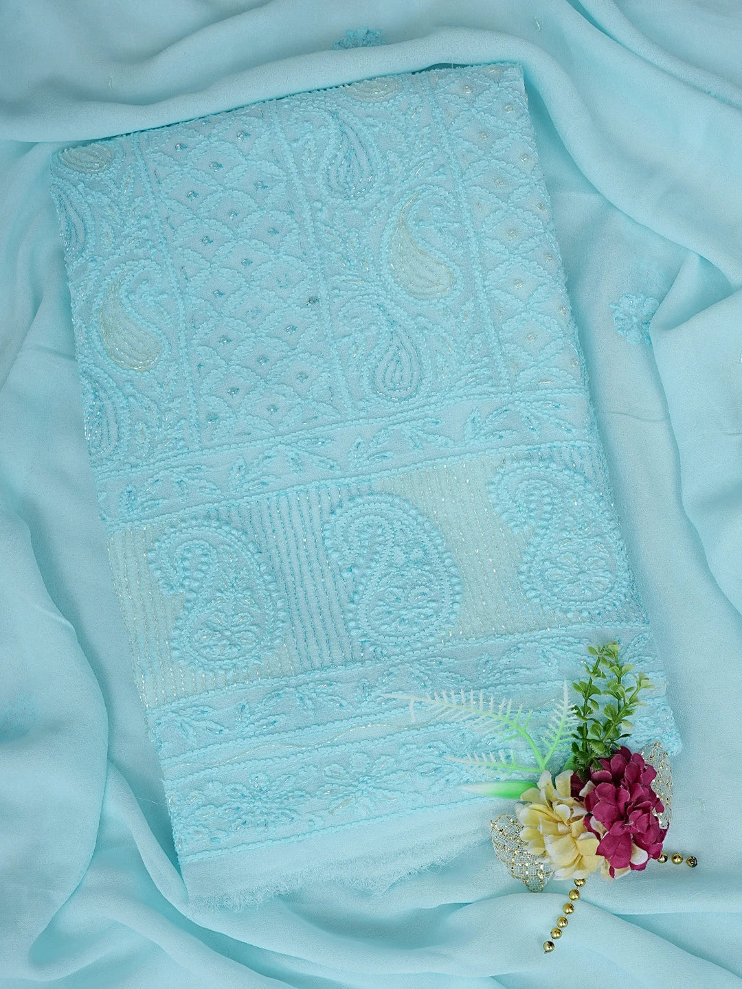 Ada Hand Embroidered Powder Blue Viscose Georgette Lucknowi Chikankari Unstitched Kurta Dupatta Set With Cutdana Work 01A793025